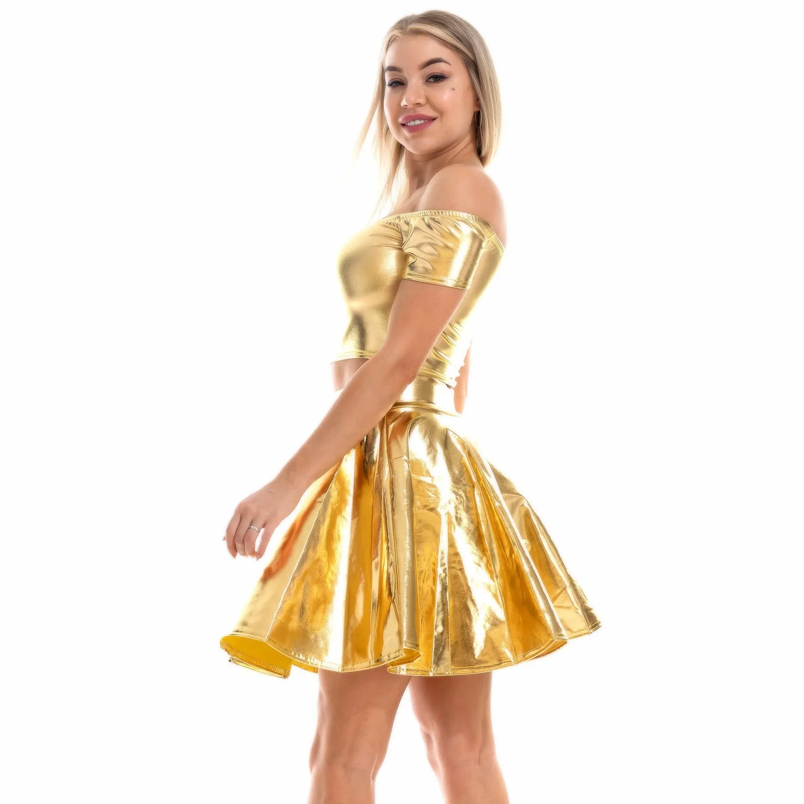 Sexy Metallic Skirt Set Girly Holographic Rave Outfits Two Piece Off Shoulder Crop Top and Mini Skirt