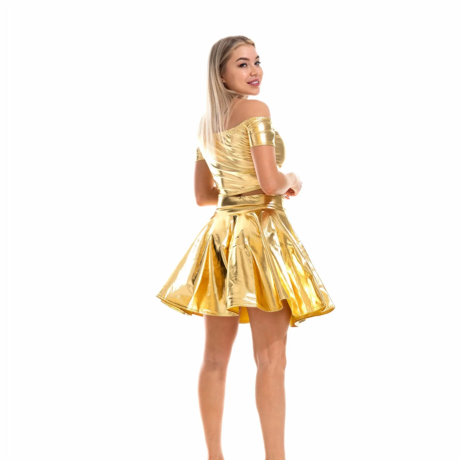 Sexy Metallic Skirt Set Girly Holographic Rave Outfits Two Piece Off Shoulder Crop Top and Mini Skirt