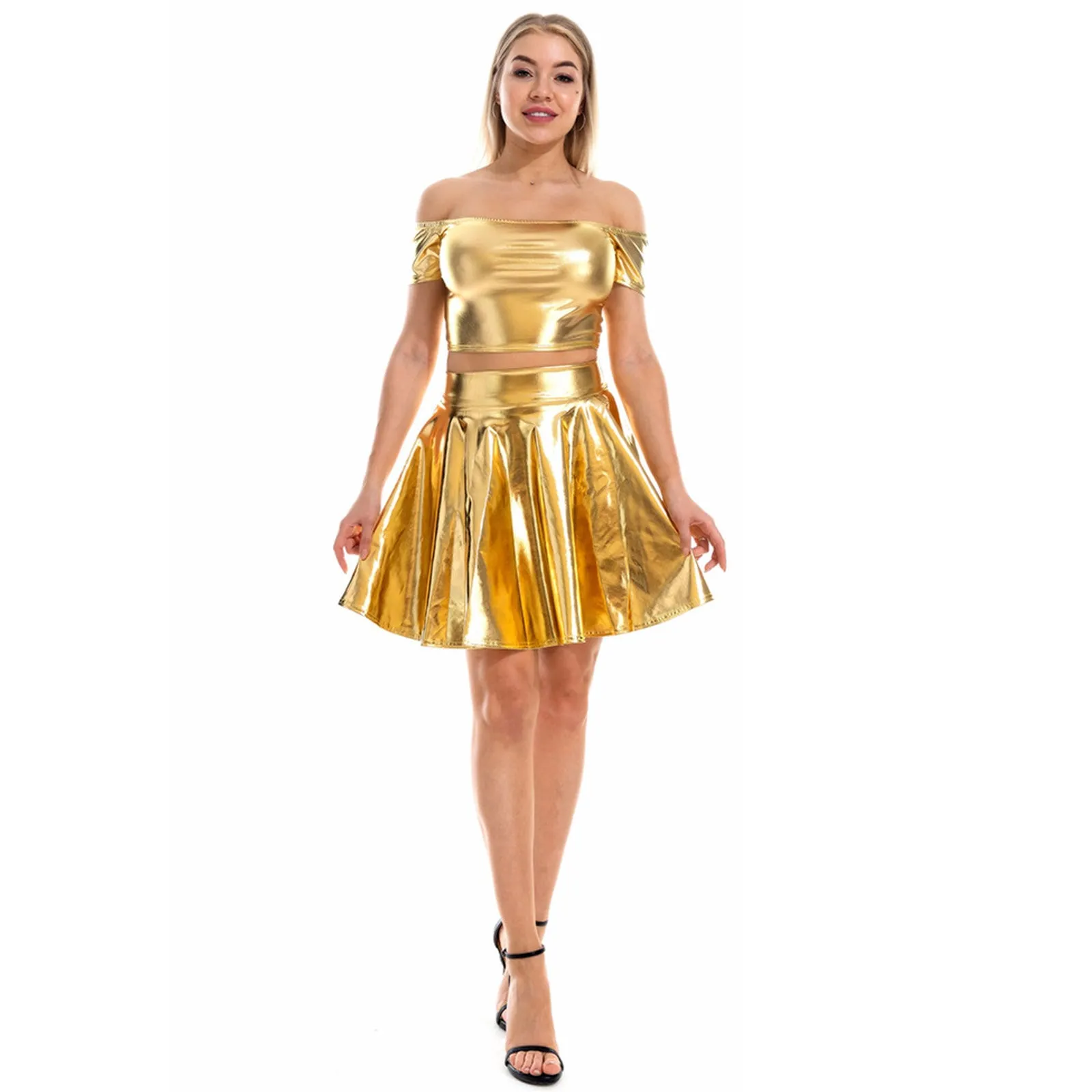 Sexy Metallic Skirt Set Girly Holographic Rave Outfits Two Piece Off Shoulder Crop Top and Mini Skirt