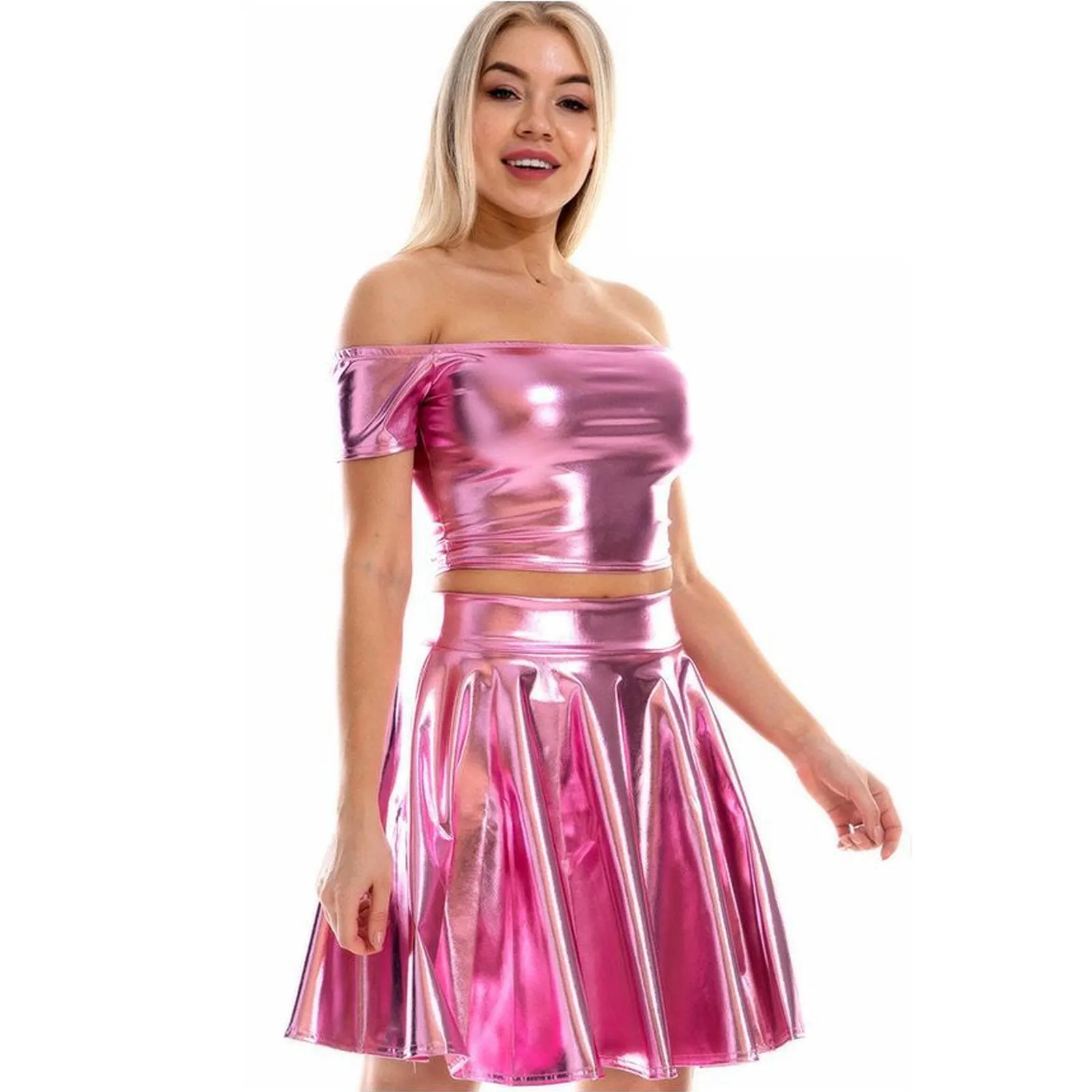 Sexy Metallic Skirt Set Girly Holographic Rave Outfits Two Piece Off Shoulder Crop Top and Mini Skirt