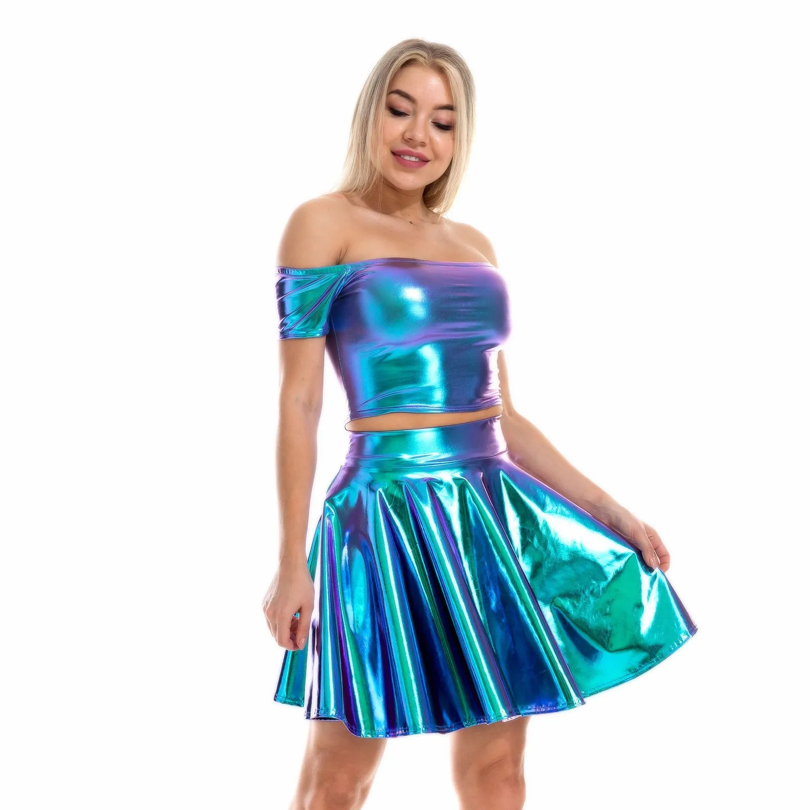 Sexy Metallic Skirt Set Girly Holographic Rave Outfits Two Piece Off Shoulder Crop Top and Mini Skirt