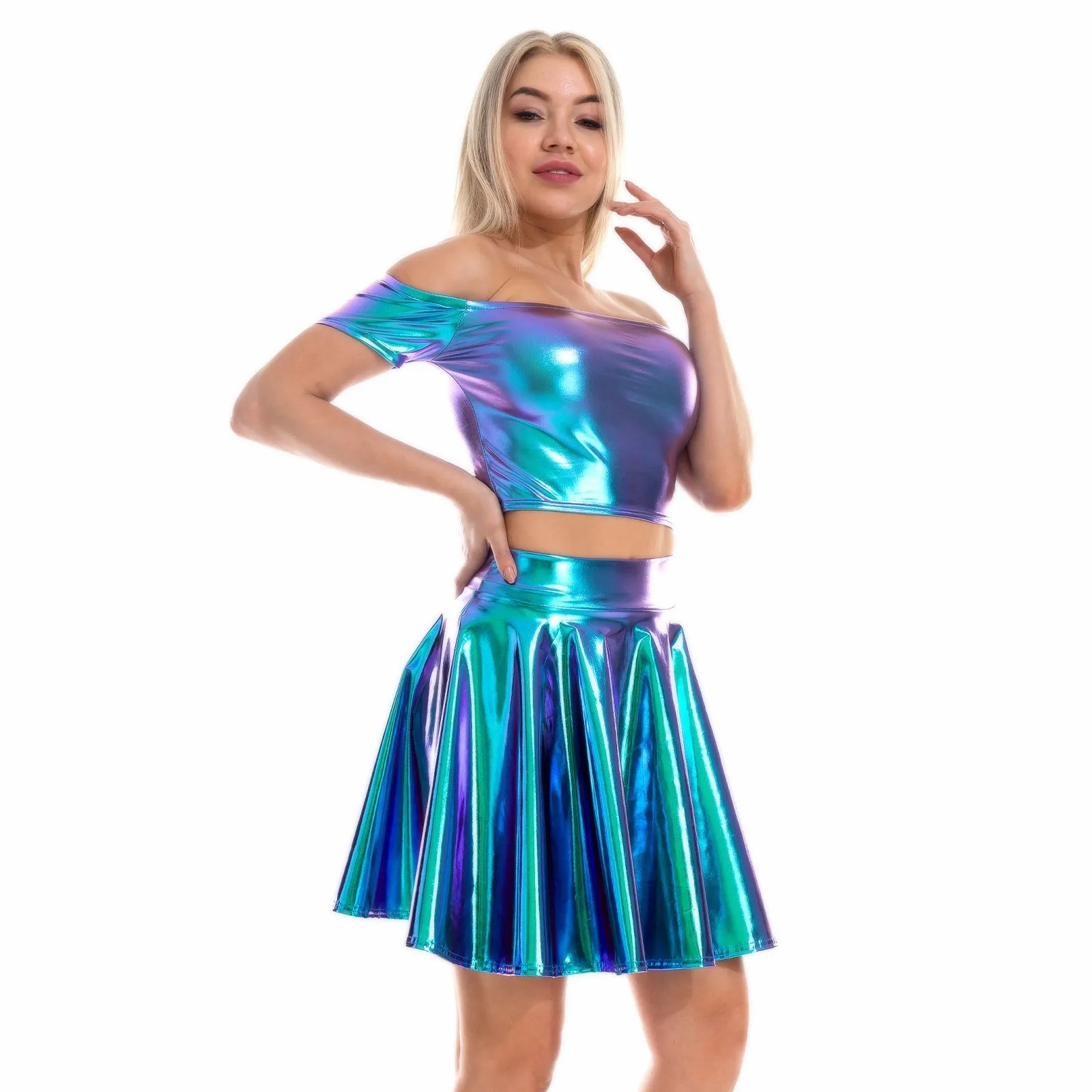 Sexy Metallic Skirt Set Girly Holographic Rave Outfits Two Piece Off Shoulder Crop Top and Mini Skirt