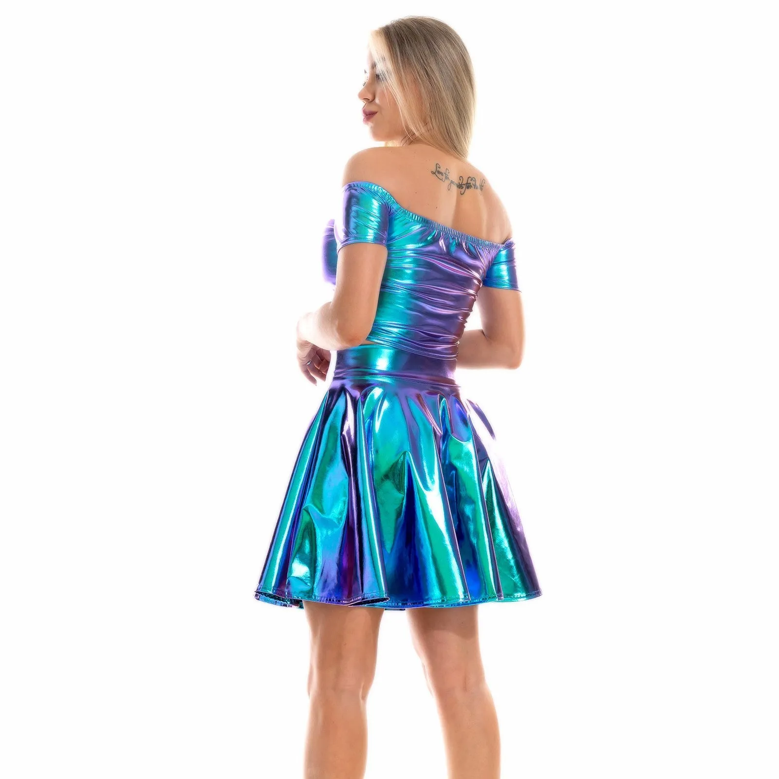 Sexy Metallic Skirt Set Girly Holographic Rave Outfits Two Piece Off Shoulder Crop Top and Mini Skirt
