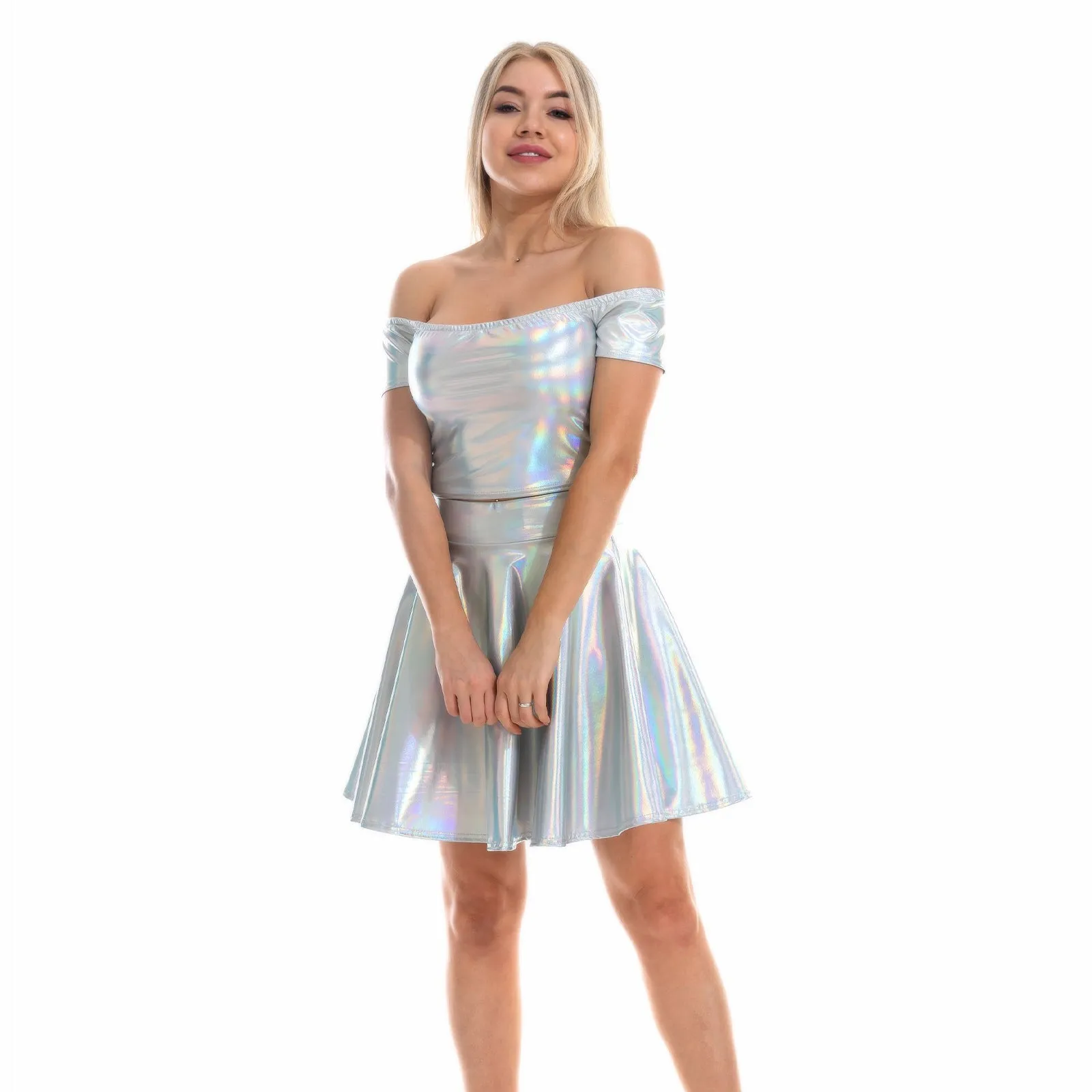 Sexy Metallic Skirt Set Girly Holographic Rave Outfits Two Piece Off Shoulder Crop Top and Mini Skirt