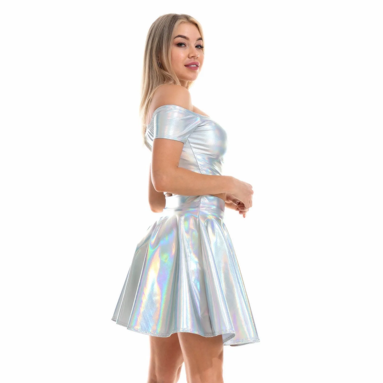 Sexy Metallic Skirt Set Girly Holographic Rave Outfits Two Piece Off Shoulder Crop Top and Mini Skirt