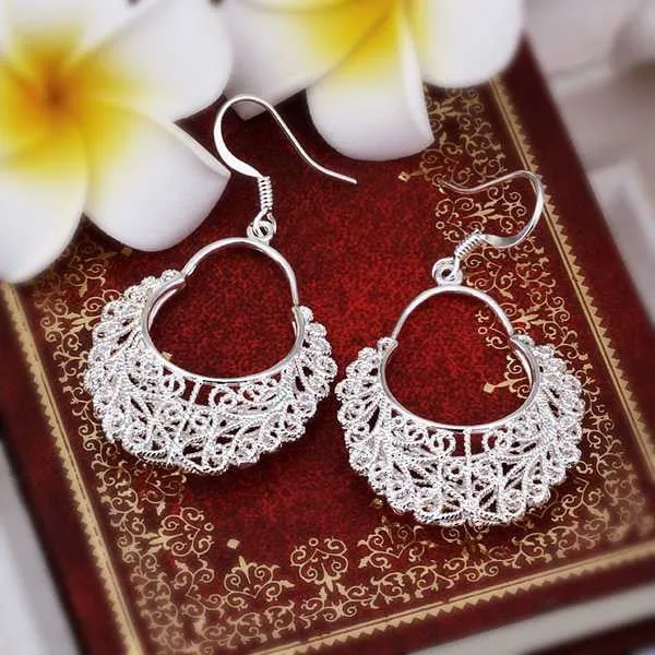 silver earings jewelry Hollow Weave Flower drop cufflinks Jewelry European Style 382 ELY
