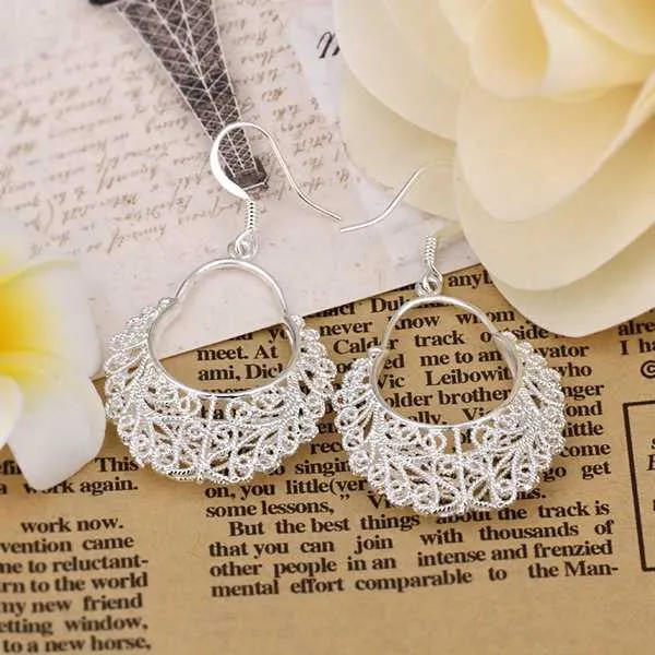 silver earings jewelry Hollow Weave Flower drop cufflinks Jewelry European Style 382 ELY