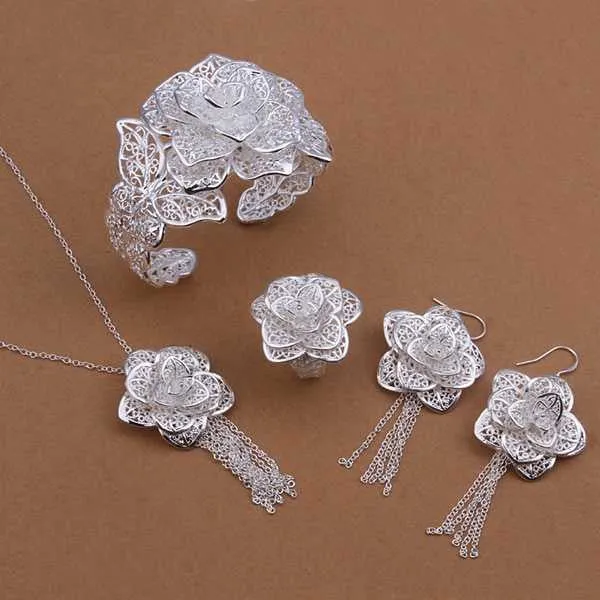 silver Jewelry Setsilver plated JewelryFlower Necklace Bangle Earring Ring Set SMTS444 ELY