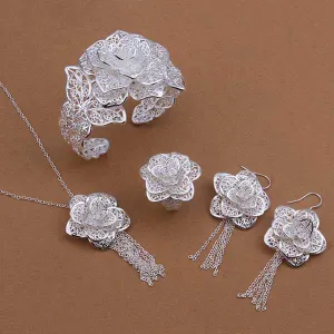 silver Jewelry Setsilver plated JewelryFlower Necklace Bangle Earring Ring Set SMTS444 ELY