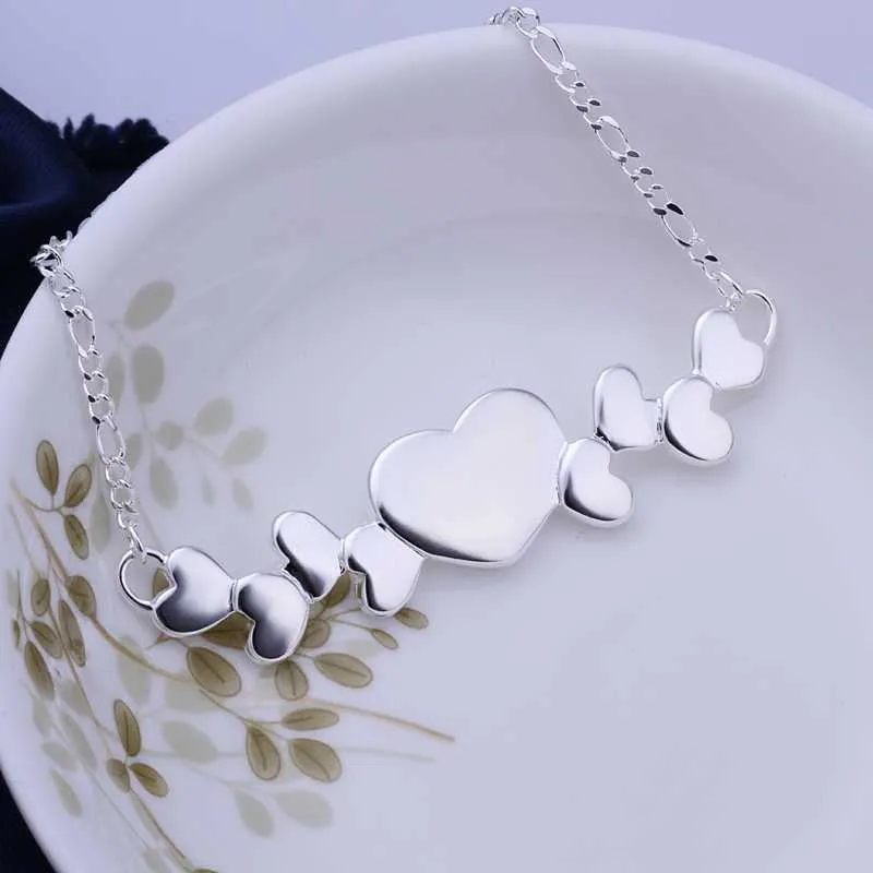 silver plated Chain Multi Hearts Necklaces Pendants Men jewelry 275 ELY
