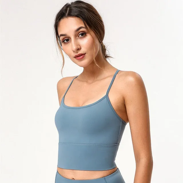 Soft Nylon Workout Fitness Crop Tops Built In Bra Women Padded Running Yoga Longline Sports Bra Push Up Training Gym Tank Top