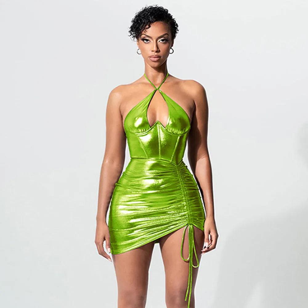 Yomorio Metallic Halter Dress Shiny Corset Dress Ruched Bodycon Club Mini Dress