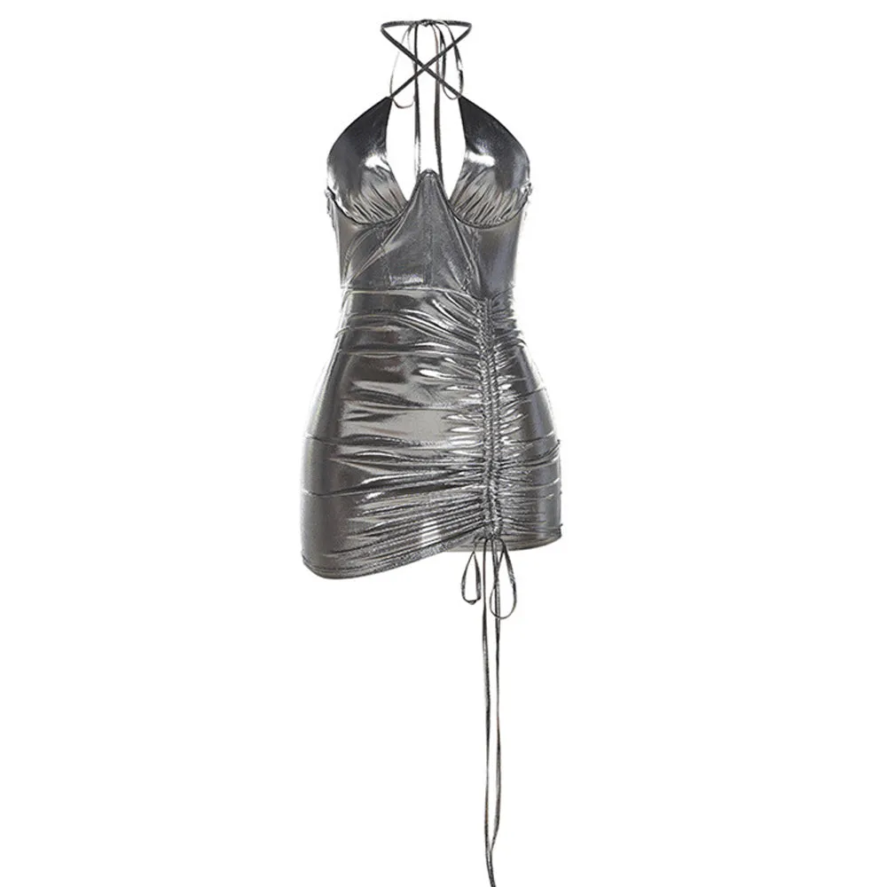 Yomorio Metallic Halter Dress Shiny Corset Dress Ruched Bodycon Club Mini Dress