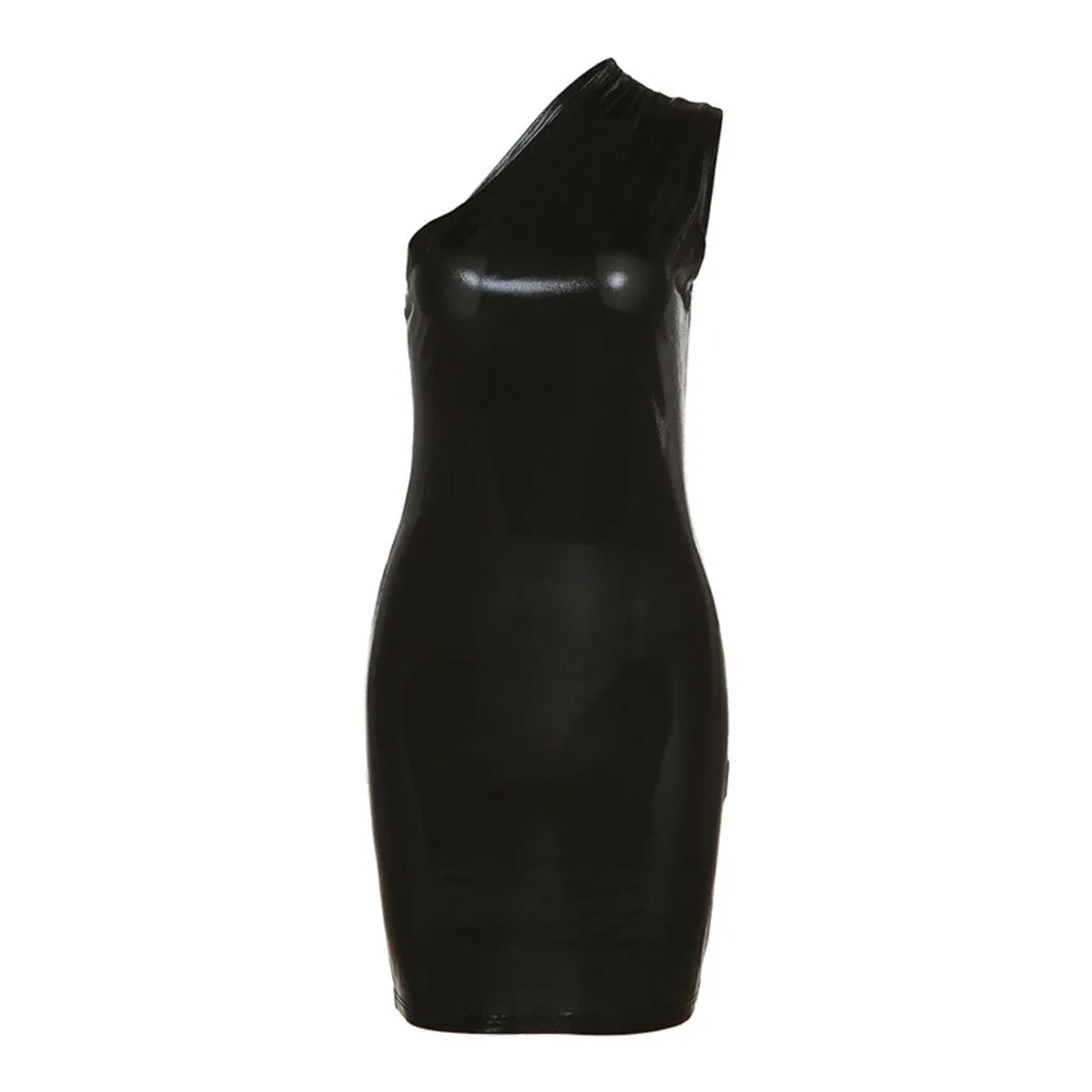 Yomorio Metallic Mini Dress One Shoulder Sleeveless Bodycon Dress Shiny Cocktail Party Dress