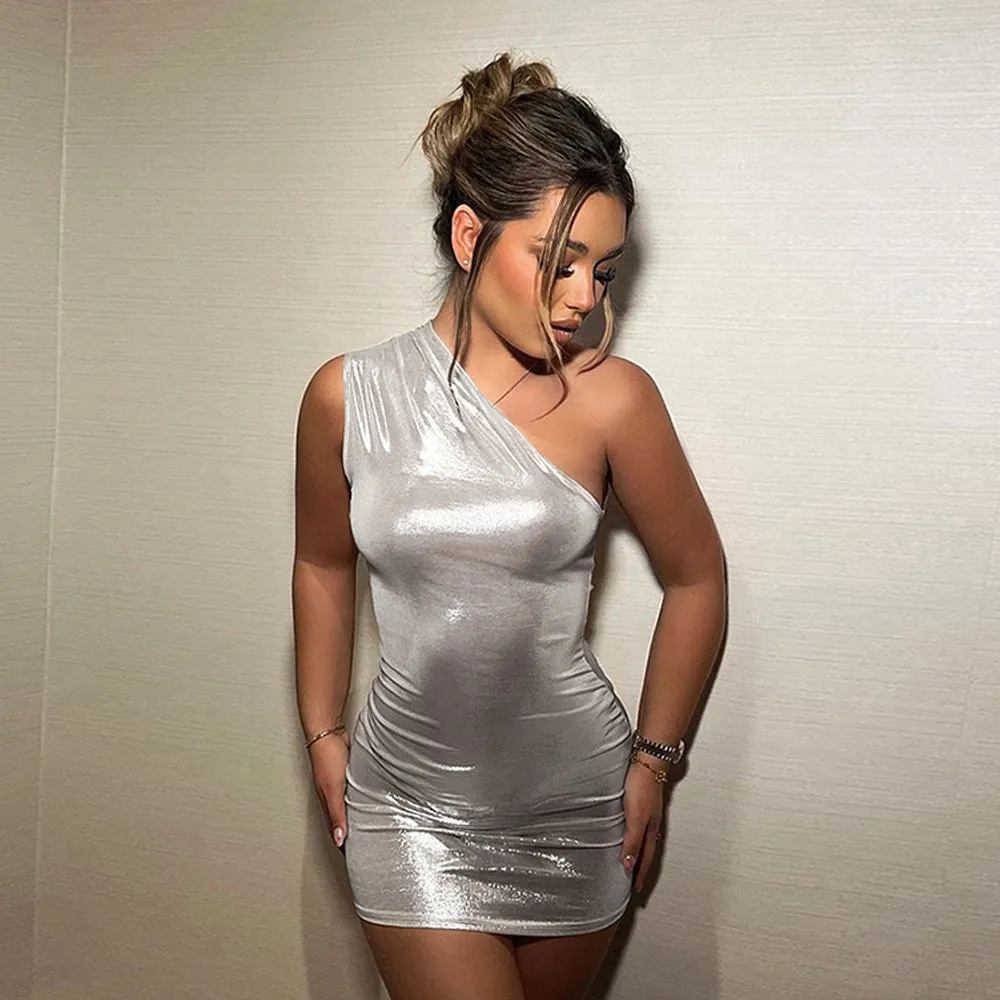 Yomorio Metallic Mini Dress One Shoulder Sleeveless Bodycon Dress Shiny Cocktail Party Dress