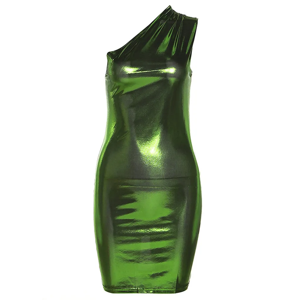 Yomorio Metallic Mini Dress One Shoulder Sleeveless Bodycon Dress Shiny Cocktail Party Dress