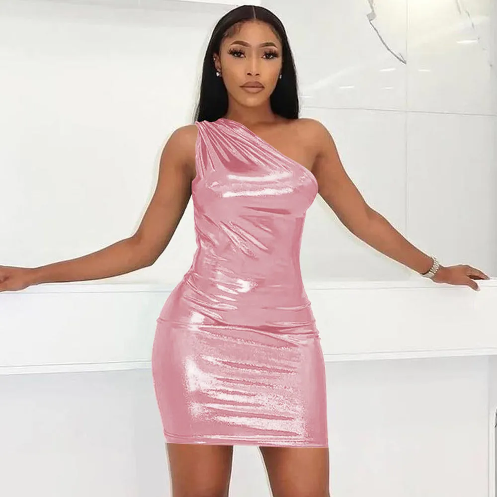 Yomorio Metallic Mini Dress One Shoulder Sleeveless Bodycon Dress Shiny Cocktail Party Dress