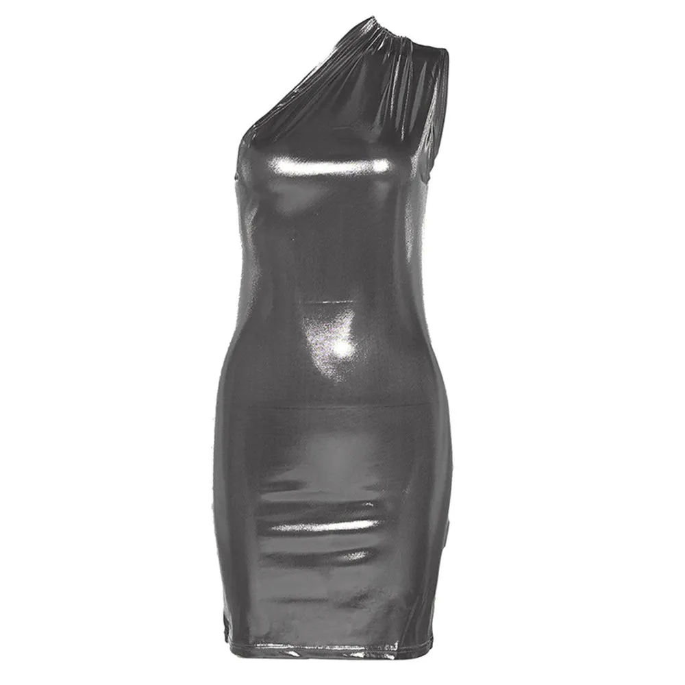 Yomorio Metallic Mini Dress One Shoulder Sleeveless Bodycon Dress Shiny Cocktail Party Dress