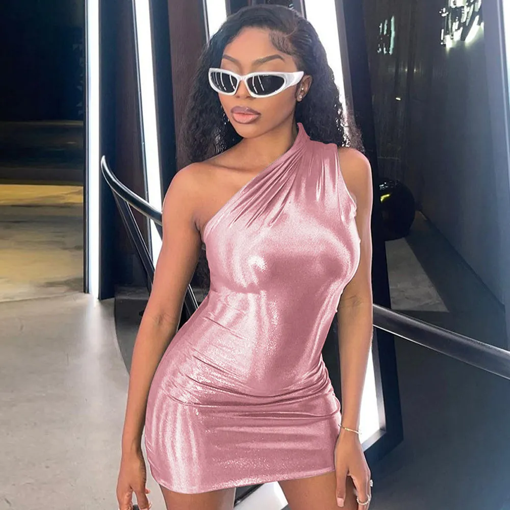 Yomorio Metallic Mini Dress One Shoulder Sleeveless Bodycon Dress Shiny Cocktail Party Dress