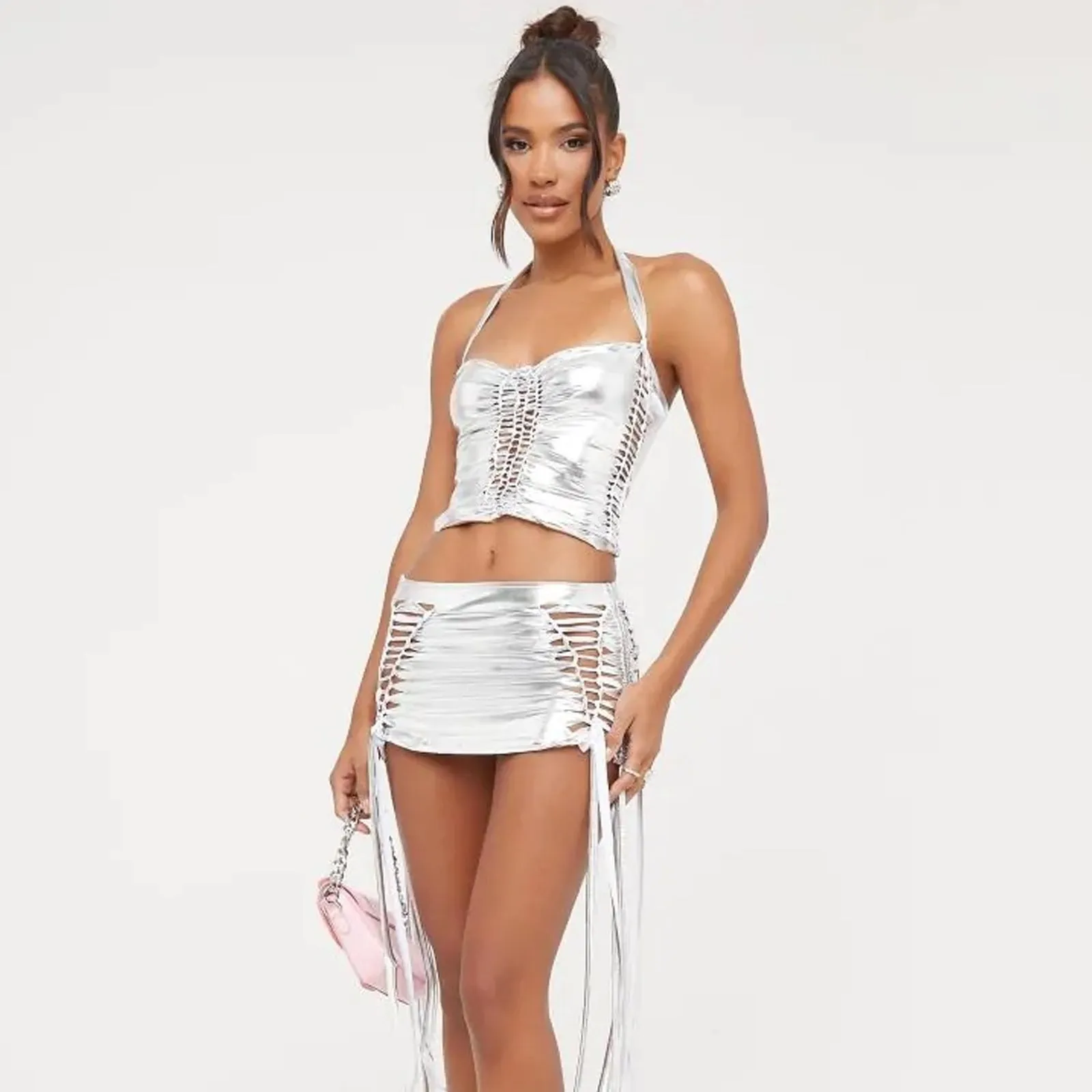 Yomorio Metallic Skirt Set Pink Two Piece Set Sexy Party Clubwear Drawstring Rave Outfits