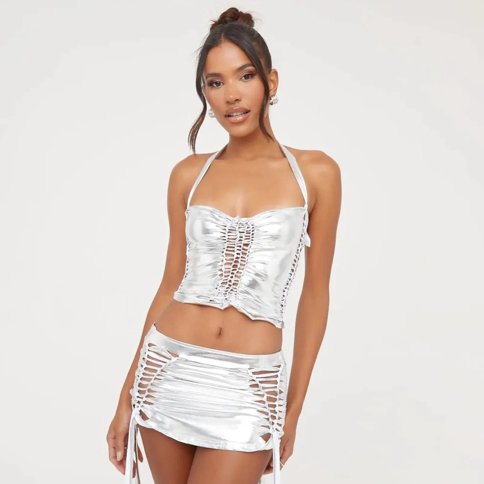 Yomorio Metallic Skirt Set Pink Two Piece Set Sexy Party Clubwear Drawstring Rave Outfits