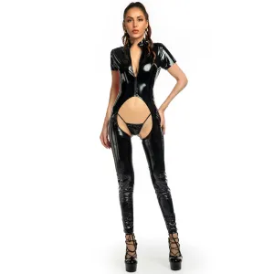 Yomorio Plus Size Crotchless Catsuit Short Sleeve Latex Jumpsuit One Piece Zip Up Bodysuit